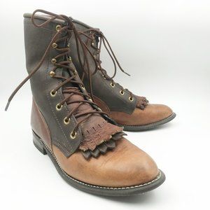 TEXAS Womens Keltie Fringe Lace Up Brown Leather Equestrian Boots Womens 7